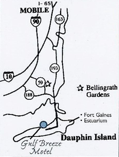 Map to Dauphin Island and Gulf Breeze Motel